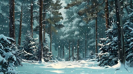 Snowy forest path disappearing into distance surrounded by tall pine trees covered in snow for creating tranquil peaceful winter wonderland and serene natural beauty concept.