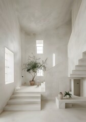 Fototapeta premium Minimalist White Interior Design with Olive Tree and Stairs
