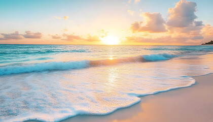 Obraz premium Crystal-clear turquoise waters with gentle waves lapping at a pristine beach under a golden sunset