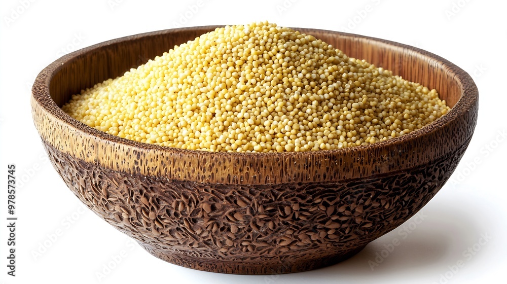 Poster cleaned millet in a bamboo bowl isolated on white background : generative ai
