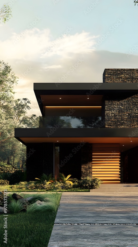 Wall mural modern architecture house with stone facade and patio