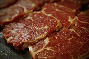 Obraz premium Closeup view of raw marbled beef steak pieces on cutting board