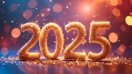 The year "2025" in sparkling, colorful digits against a backdrop of blurred lights and glitter. The shimmering effect creates a festive and celebratory atmosphere, perfect for New Year's themes.