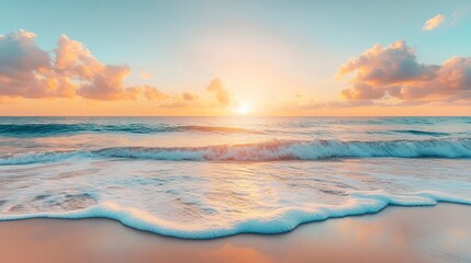 Fototapeta premium Summer closeup sunset sea sky landscape. Colorful ocean beach sunrise. Beautiful beach reflections calm waves, soft sandy beach. Perfect tropical coast horizon scenic coast view. generative ai