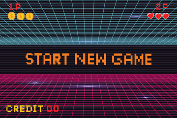 Start New Game. Synthwave wireframe net illustration. pixel art .8 bit game. retro ga.me. for game assets .Retro Futurism Sci-Fi Background. glowing neon grid. and stars