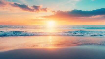 Summer closeup sunset sea sky landscape. Colorful ocean beach sunrise. Beautiful beach reflections calm waves, soft sandy beach. Perfect tropical coast horizon scenic coast view. generative ai