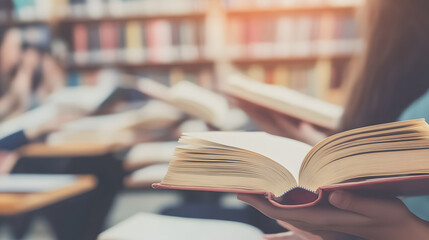 Library. Bookshelves with books and textbooks. Learning and education concept