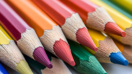 Naklejka premium A close-up image of vibrant, sharpened color pencils. School theme
