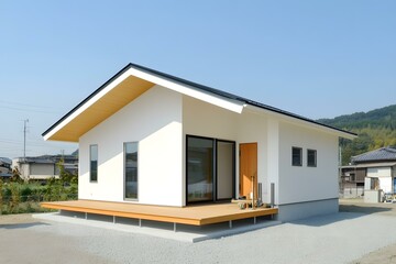 Modern White House with Wooden Deck and Mountain View
