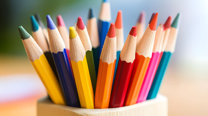 Fototapeta premium A close-up image of vibrant, sharpened color pencils. School theme