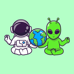 Obraz premium Cute Astronaut And Alien Meditation Yoga With Earth Globe Cartoon Vector Icon Illustration. Science Sport Icon Concept Isolated Premium Vector. Flat Cartoon Style