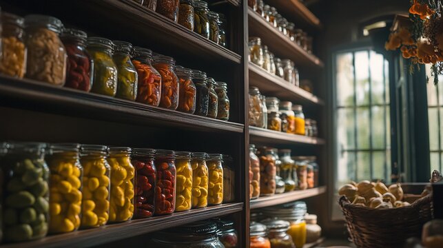 A vibrant pantry filled with jars of colorful preserves, showcasing a variety of fruits and vegetables ready for culinary use.