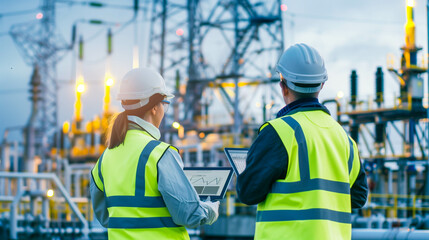Electrical engineer using  notebook computer to plan work electrical energy at high voltage power station.