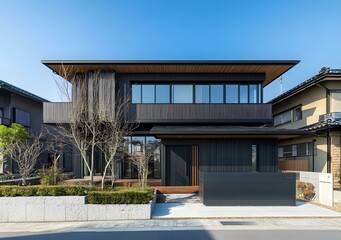 Modern Japanese Black House with Wood Accents