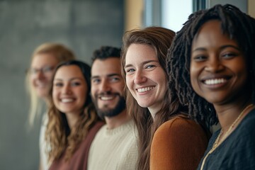 Fototapeta premium Diverse group of friends smiling together in a modern workspace, showcasing happiness and connection among young adults.