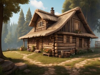 Obraz premium A Rustic Wooden Cabin Nestled in a Forested Landscape