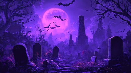 Silhouette of a spooky castle against a starry night sky with a full moon, perfect for Halloween backgrounds