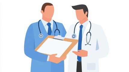 Fototapeta premium Doctor holding medical clipboard, patient checkup, white background, flat design illustration