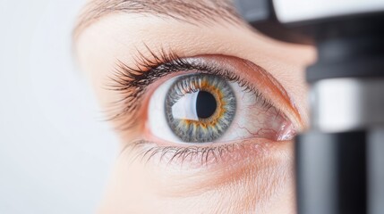 Close-up of an eye being examined by an ophthalmoscope on a white background, eye health checkup, vision care, healthcare close-up