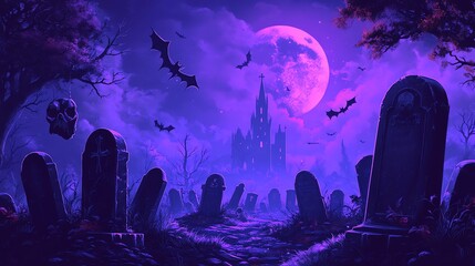 Silhouette of a spooky castle against a starry night sky with a full moon, perfect for Halloween backgrounds