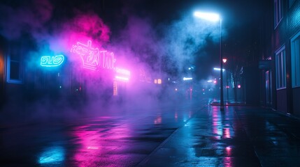 A dark street shines with neon reflections, as searchlights pierce the smog, creating mystery.