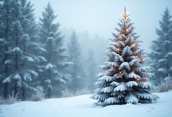 Obraz premium Snow-kissed Christmas tree stands tall amidst a winter wonderland, copy space on a side