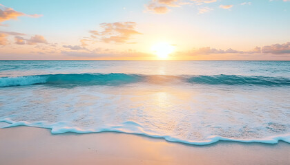 Fototapeta premium Crystal-clear turquoise waters with gentle waves lapping at a pristine beach under a golden sunset