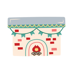 decorated Christmas fireplace with fire. Isolated element for design of cards, patterns, banners. Christmas and New Year. Vector illustration.