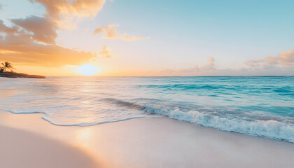 Obraz premium Crystal-clear turquoise waters with gentle waves lapping at a pristine beach under a golden sunset
