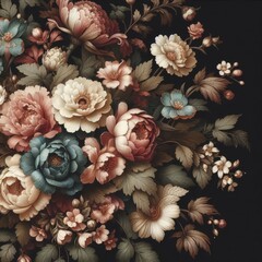 Vintage bouquet of beautiful flowers on black. Floral background. Baroque old fashiones style. Natural pattern wallpaper or greeting card
