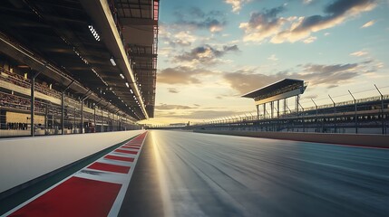 Fototapeta premium Empty Race Track with Red and White Markings and a Cloudy Sunset Sky