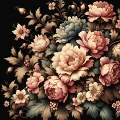 Vintage bouquet of beautiful flowers on black. Floral background. Baroque old fashiones style. Natural pattern wallpaper or greeting card
