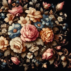 Vintage bouquet of beautiful flowers on black. Floral background. Baroque old fashiones style. Natural pattern wallpaper or greeting card
