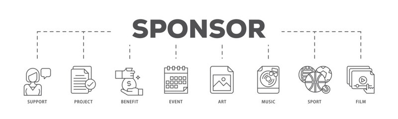 Sponsor infographic icon flow process which consists of film, sport, event, music, art, benefit, project, support icon live stroke and easy to edit 