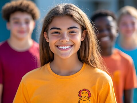 Inspiring youth leadership with motivational quotes on a vibrant community shirt focus on youth unity theme dynamic blend mode school playground backdrop