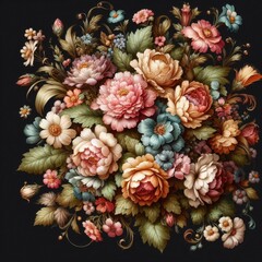 Vintage bouquet of beautiful flowers on black. Floral background. Baroque old fashiones style. Natural pattern wallpaper or greeting card
