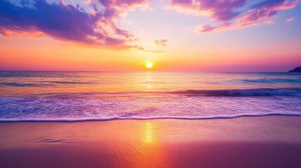 Obraz premium Summer closeup sunset sea sky landscape. Colorful ocean beach sunrise. Beautiful beach reflections calm waves, soft sandy beach. Perfect tropical coast horizon scenic coast view. generative ai