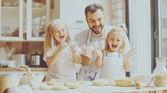  Padre e hijas gemelas cocinando y jugando con la masa en la cocina, mostrando alegr&iacute;a y creatividad mientras preparan pan o galletas.