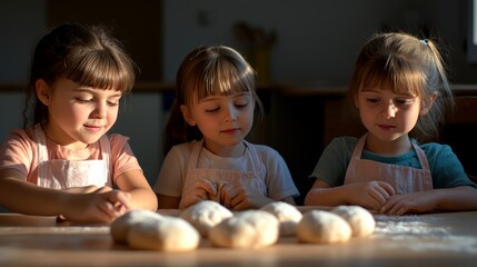Fototapeta premium Tres niñas pequeñas con delantales observan bolas de masa alineadas en la mesa, mostrando concentración y entusiasmo por el proceso de cocinar juntas.