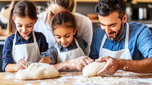 Padres con dos hijas peque&ntilde;as amasan masa juntos en la cocina, creando un momento de aprendizaje y disfrute familiar mientras preparan pan o pizza.