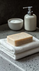 A bar of soap sits atop a folded white towel on a speckled countertop. A white soap dispenser sits in the background.