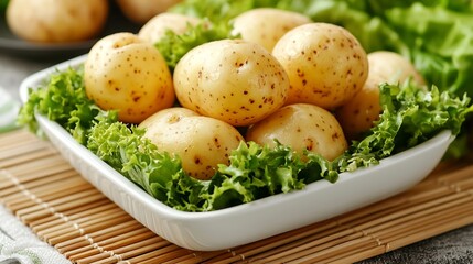 Delicious Boiled Potatoes and Green Salad Leaves on a White Dish on a Bamboo Mat : Generative AI