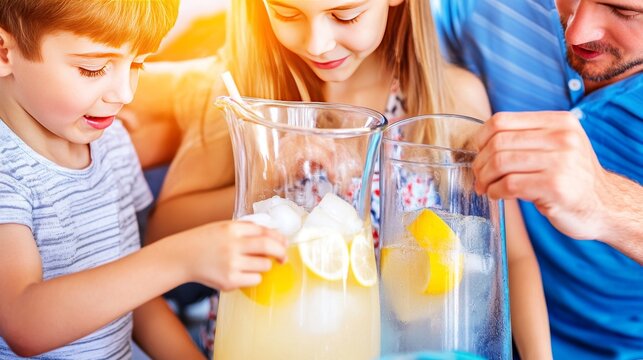 Ni&ntilde;os junto a su padre preparando jarras de limonada con rodajas de lim&oacute;n y hielo, disfrutando de un refrescante d&iacute;a en familia.