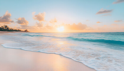 Fototapeta premium Crystal-clear turquoise waters with gentle waves lapping at a pristine beach under a golden sunset