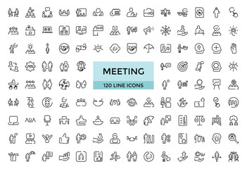 Meeting set of web icons in line style. Containing conference, business meeting, classroom, team, interview, conference and more, Editable Thin icon vector collections.