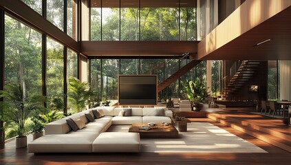 Fototapeta premium An ultra realistic and cinematic view of the interior living room of a modern mansion with double height
