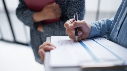 Teamwork brainstorming Creative idea Business project. Business People meeting taking notes while discussing with Color swatch samples to share idea.