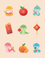 Vector illustration of a set of snake characters or cartoon characters with Chinese New Year or Lantern Festival, lanterns and spring couplets, translation: blessing