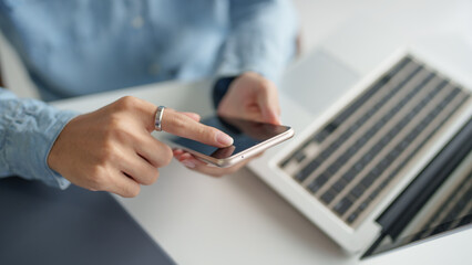 Businessman with Smartphone working mobile devices cell telephone technology e-commerce smartphone business professional investor working new start up project