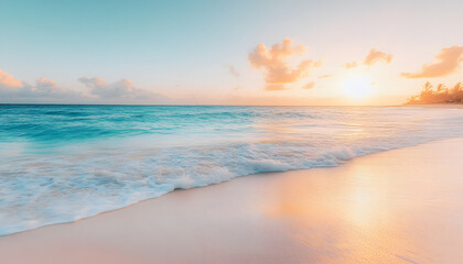 Obraz premium Crystal-clear turquoise waters with gentle waves lapping at a pristine beach under a golden sunset
